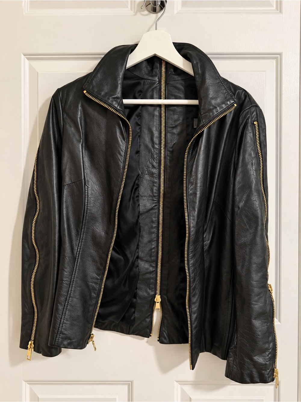 Shari’s  Place Black Leather Jacket with Gold Zippers - Classic Moto Style